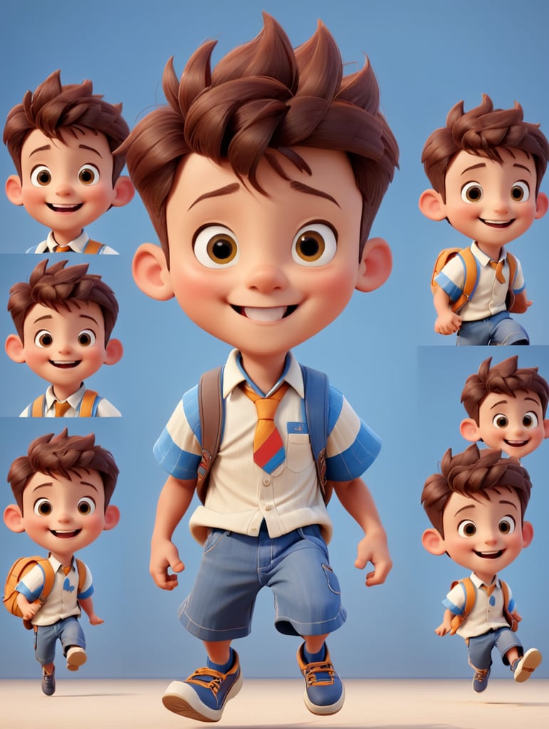 Personagem infantil 3D estudante masculino pulando de alegria