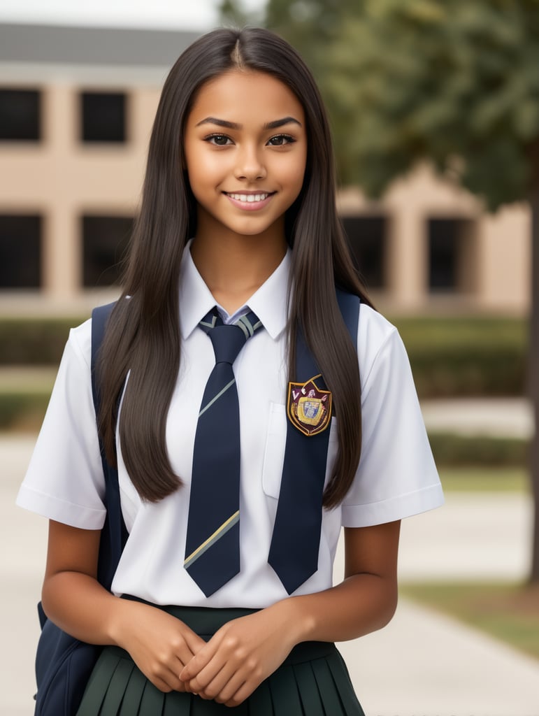 realistic female, dark long hair, tan skin, school student in uniform photoshoot