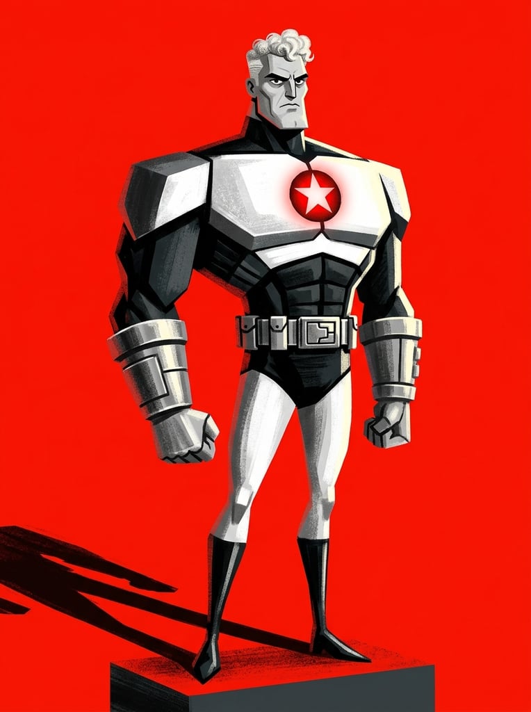 A highly stylized digital illustration of a commanding man with extremely exaggerated, geometric proportions standing rigidly against a solid, vibrant red background. The figure features a massive, blocky chest tapering dramatically to a microscopic waist and needle-thin legs. His exceptionally tiny head has a sharp, angular jawline, a stern gaze, and a small tuft of curly white hair. He wears a sleek black and white bodysuit adorned with a bold red circular emblem on the chest, a thick silver metallic belt, and silver wrist gauntlets. His pale grey skin contrasts with the stark uniform as he poses stoically with one clenched fist. Strong directional light illuminates him from the right, casting a long, sharp dark shadow to the lower left, emphasizing the retro-futuristic, mid-century modern animation aesthetic characterized by hard-edged geometric shapes and textured, painterly shading.