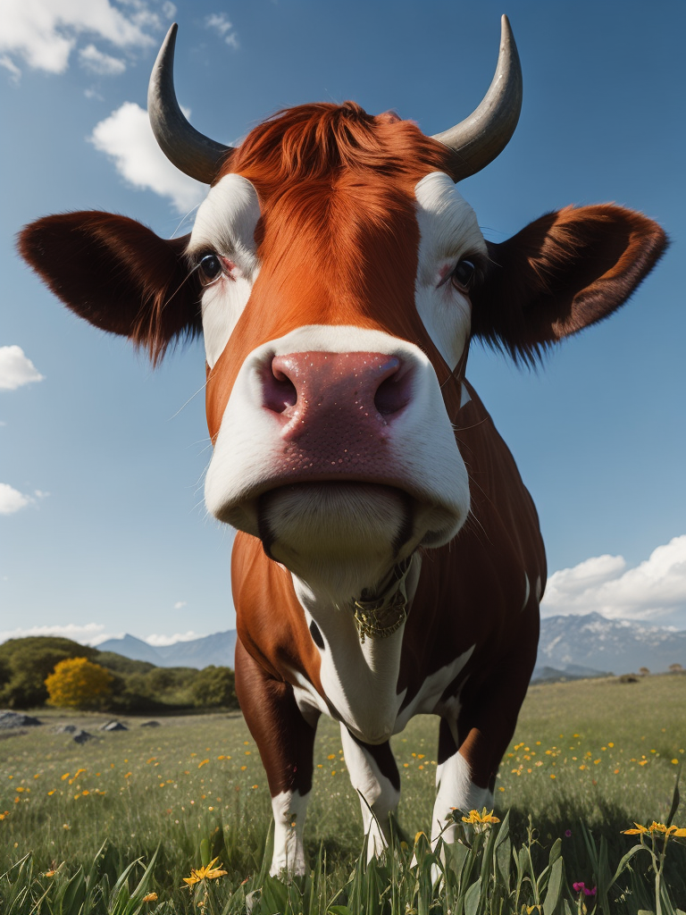 Envision a hyper-realistic, high-resolution image capturing a unique sight: a hippie cow with a beard. The cow is adorned with symbols of peace and love, its fur patterned with vibrant, psychedelic colors. A thick, shaggy beard hangs from its chin, adding to its unconventional appearance. The cow stands in a lush, green pasture under a clear blue sky, embodying the free-spirited ethos of the hippie movement. The colors should be a mix of the natural hues of the cow and the pasture, contrasted with the vibrant colors of the hippie symbols. The composition should be a mid-shot, focusing on the cow and its unique features.