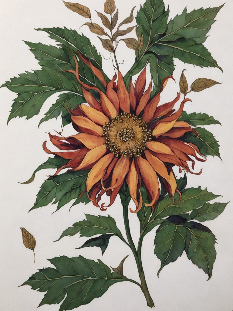 Ashoka Tree Flower, Leaves, Pod, and Seed ,Northern Renaissance,watercolor , gouache, papercraft, fading border,by Martin Schongauer and Maria Sibylla Merian