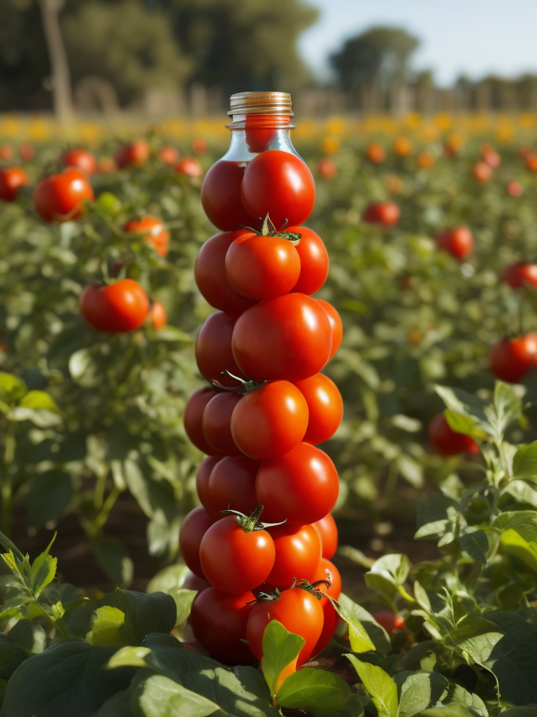 several red tomatoes stacked together forming a ketchup bottle with some leaves around it, beautiful tomato plantation in the background and a blue sky, short grass, yellow flower, ambient lighting