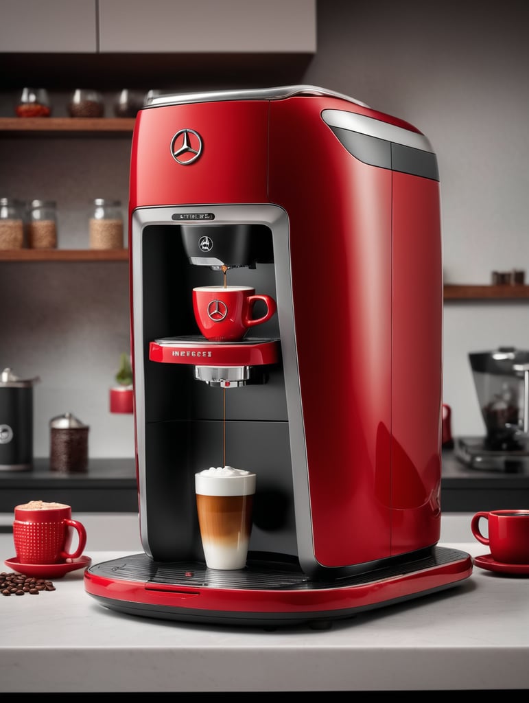 a capsule coffee machine shaped like a red mercedes benz, grain grinder on top, coffe mug, kitchen, realistic