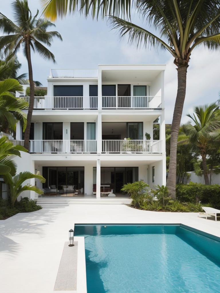 Beach house, white beach, light blue water, tropical plants