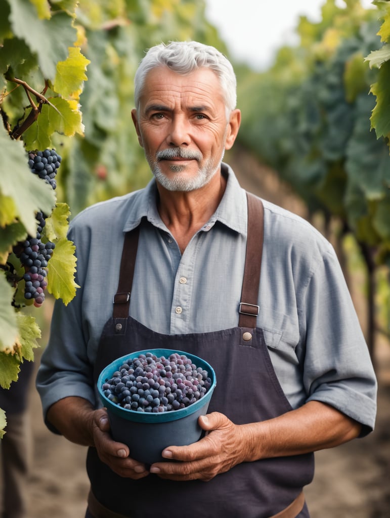 Portrait of an elderly winemaker with gray short hair, man holding a bunch of grapes, looking at the grapes