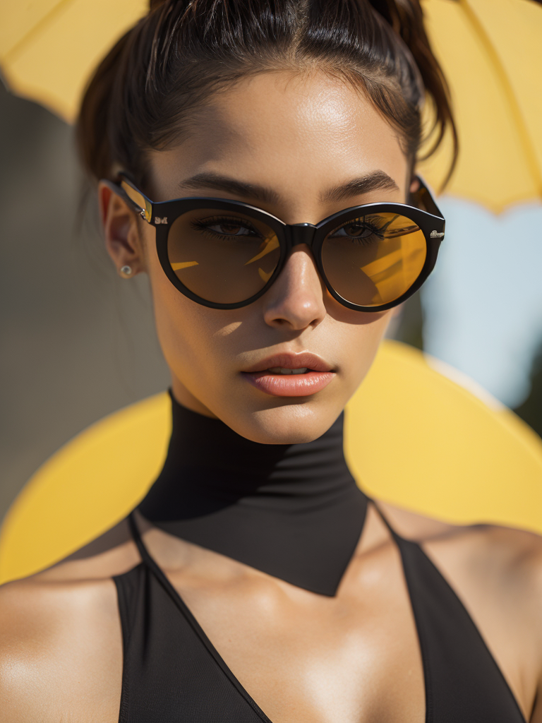 Portrait of a fashion model dressed in a black swimsuit and a yellow transparent sun glasses, Sunny weather, Contrasting light, Hair in a bun