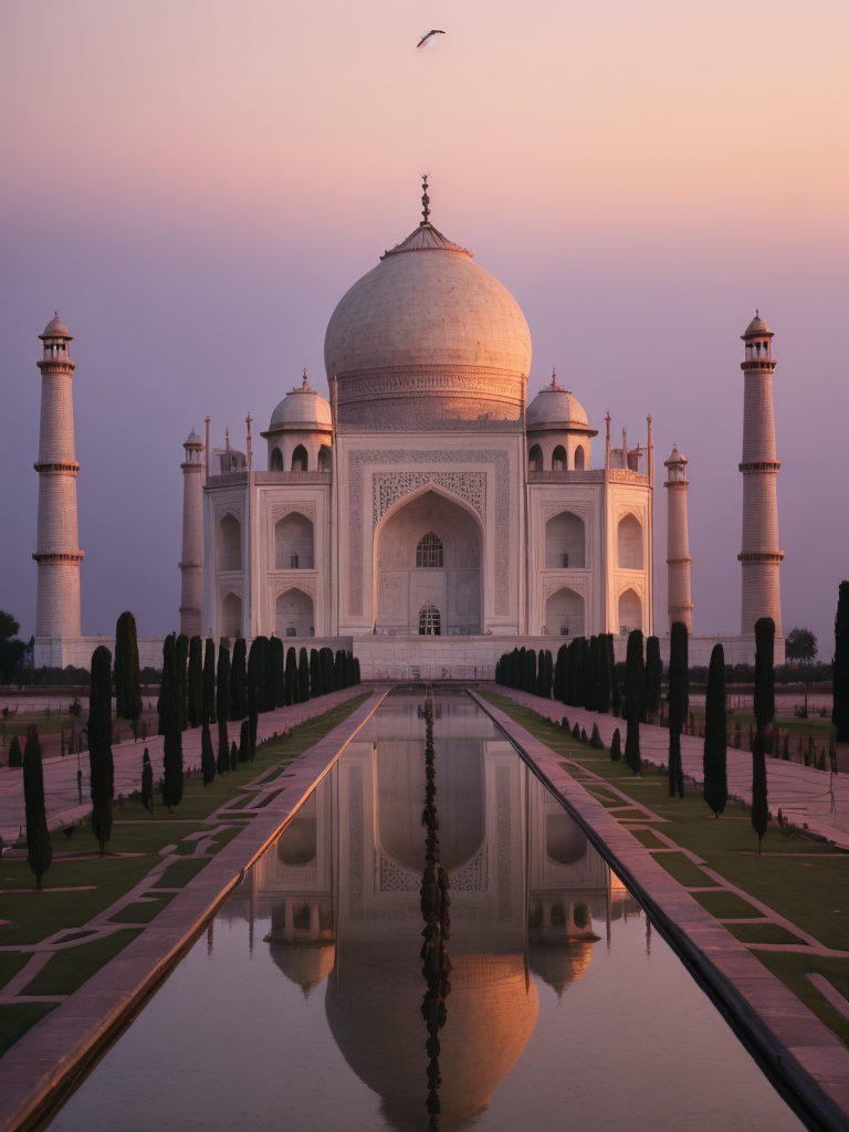 Taj Mahal, pink purple sunset,