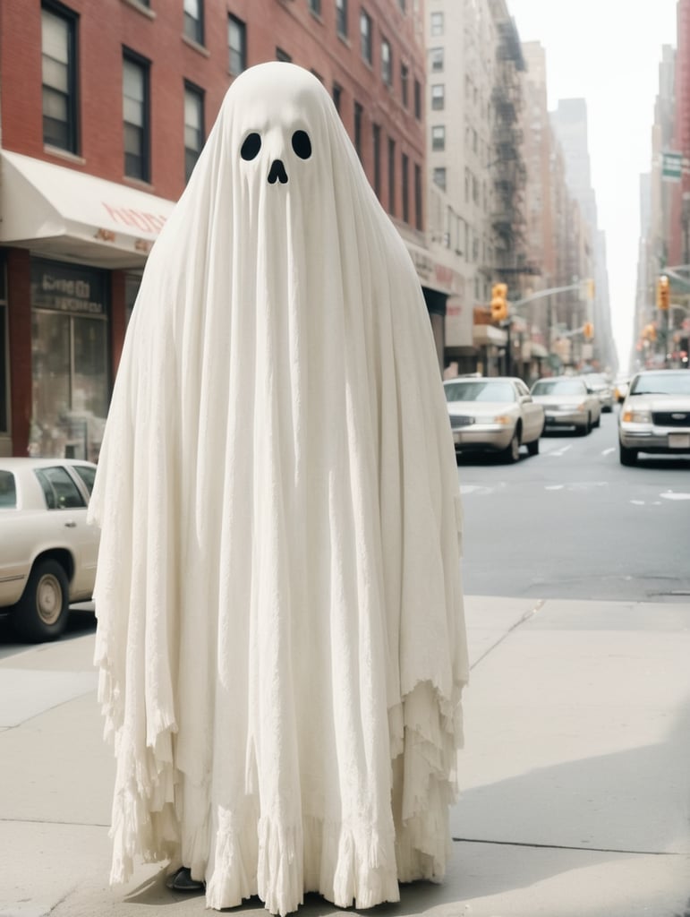 Very creepy realistic ghost standing in the street, new york city, portra 400, vintage photo