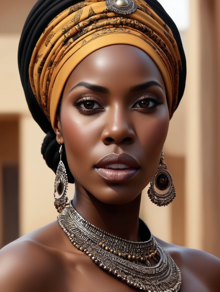 a realistic cinematic close-up of a beautiful dark skin black woman wearing a turban, african woman, african queen, stunning african princess, black art, african arts, african princess, beautiful city black woman only, a beautiful woman warrior, african iconography, black woman, beautiful color art!, african american woman, photo of a black woman, afrocentric mysticism, by Helen Thomas Dranga