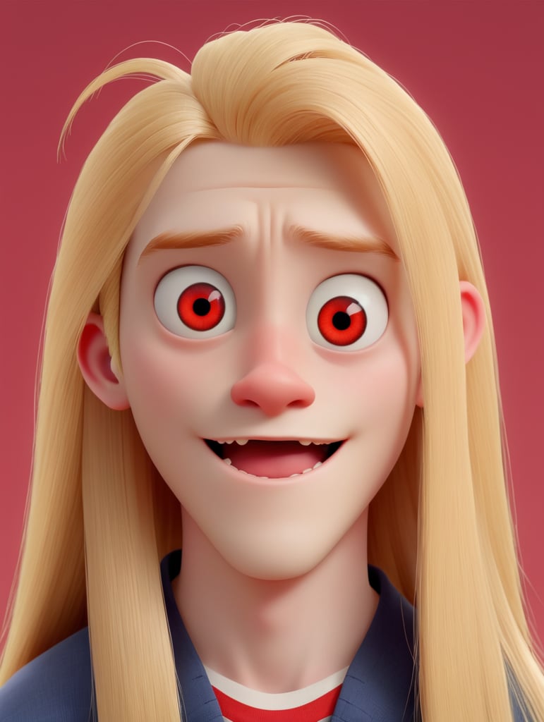 Young pale man, red eye, very long blonde straight hair