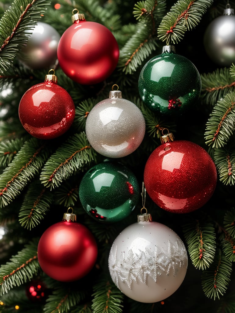 red and white christmas balls of different sizes, shiny finish, on green colored pine branches, top view