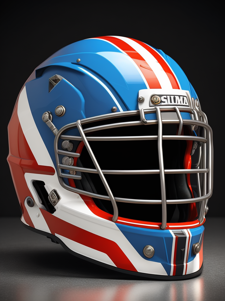 vintage Ice hockey helmet in red, blue and white colors, scratches, black background^ sharp on details