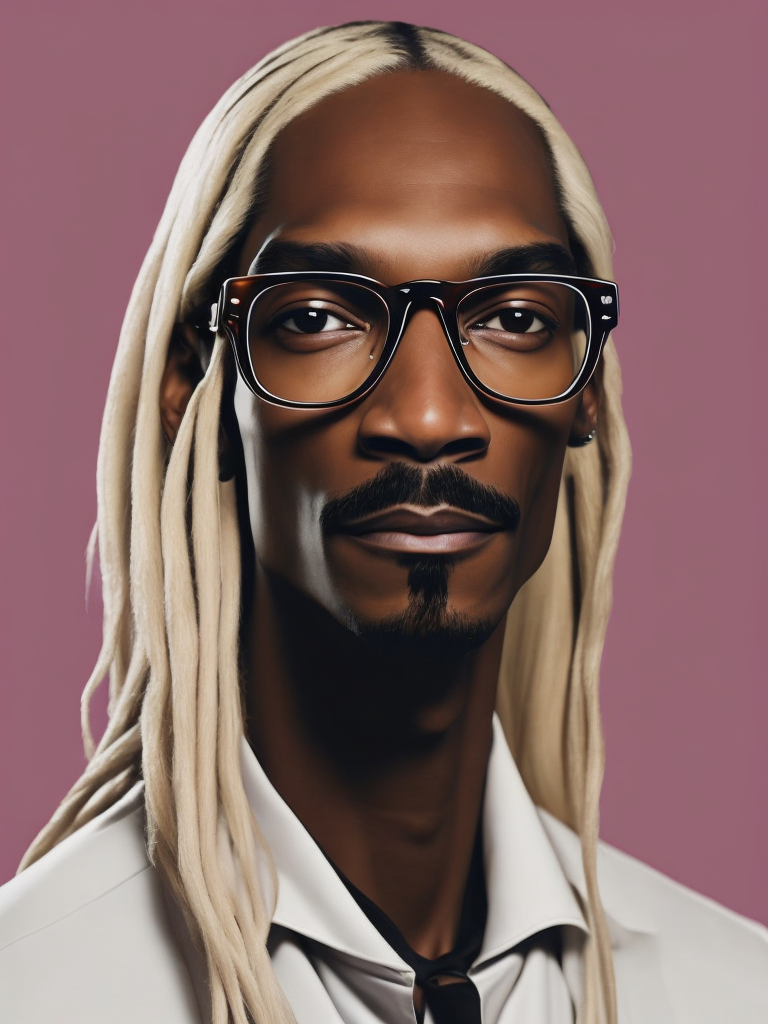 Portrait of Snoop Dogg with white skin and blond hair, glasses and mustache