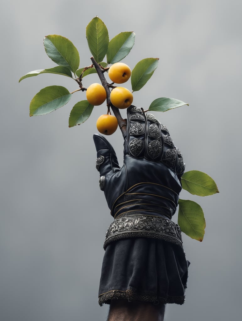 knightly medieval glove holding a yellow mirabelle plum branch. The metal glove is finely decorated.