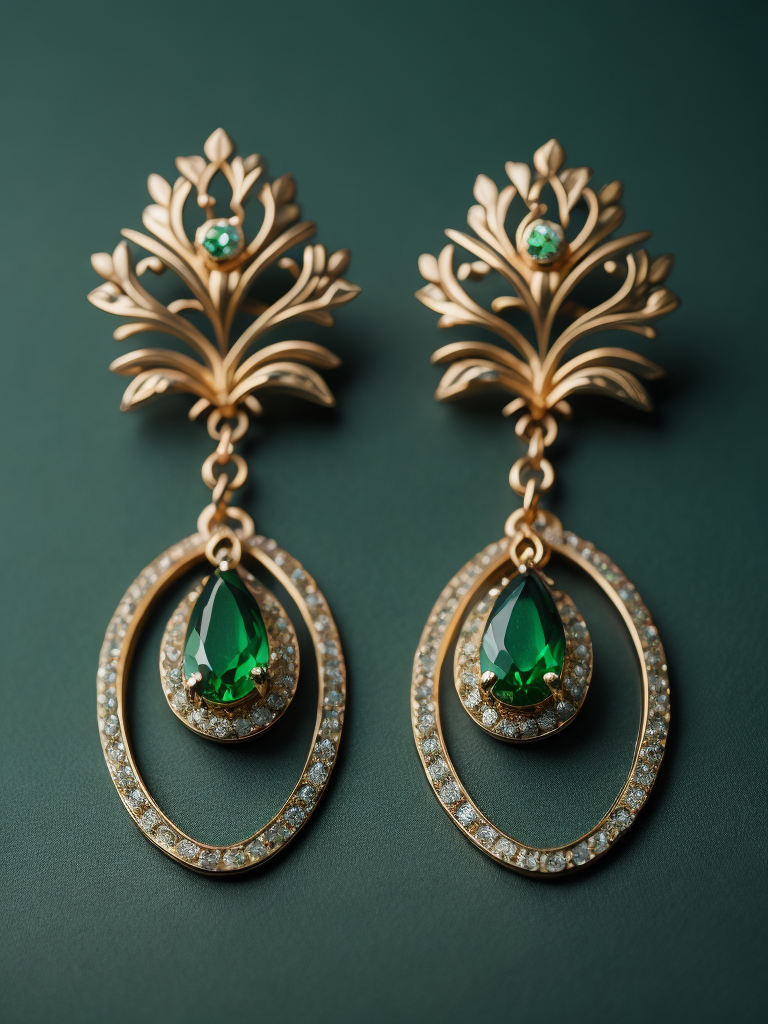 Queen gold jewellery earrings adorned with emeralds, green gradient background, vibrant colors, high detail, contrast light, sharp focus