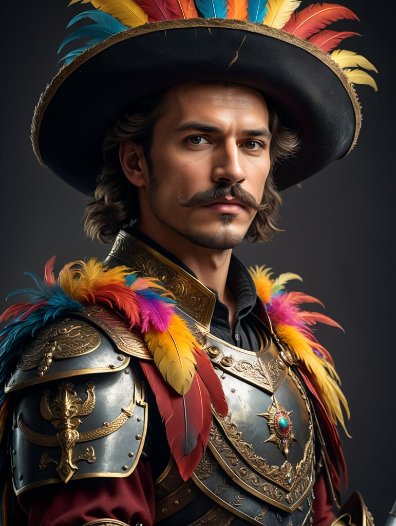 High resolution, high quality, high detail, soft lighting, cinematic lighting, realistic, DSLR, bokeh, studio quality, film grain, panorama, film grab of a young landsknecht wearing a large hat with colorful feather plumes, plate armor, black shirt, moustache, holding a very long sword, standing, simple background, 80s fantasy movie