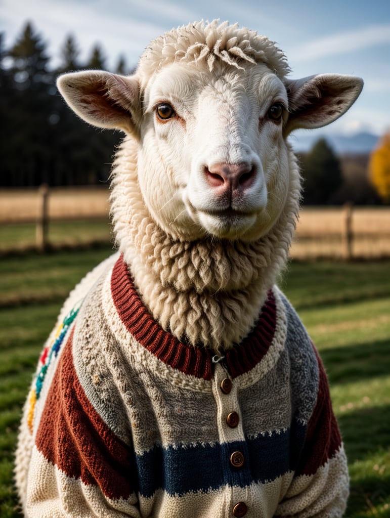 a white sheep wearing very hirsute crocheted sweaters for sheeple, portrait