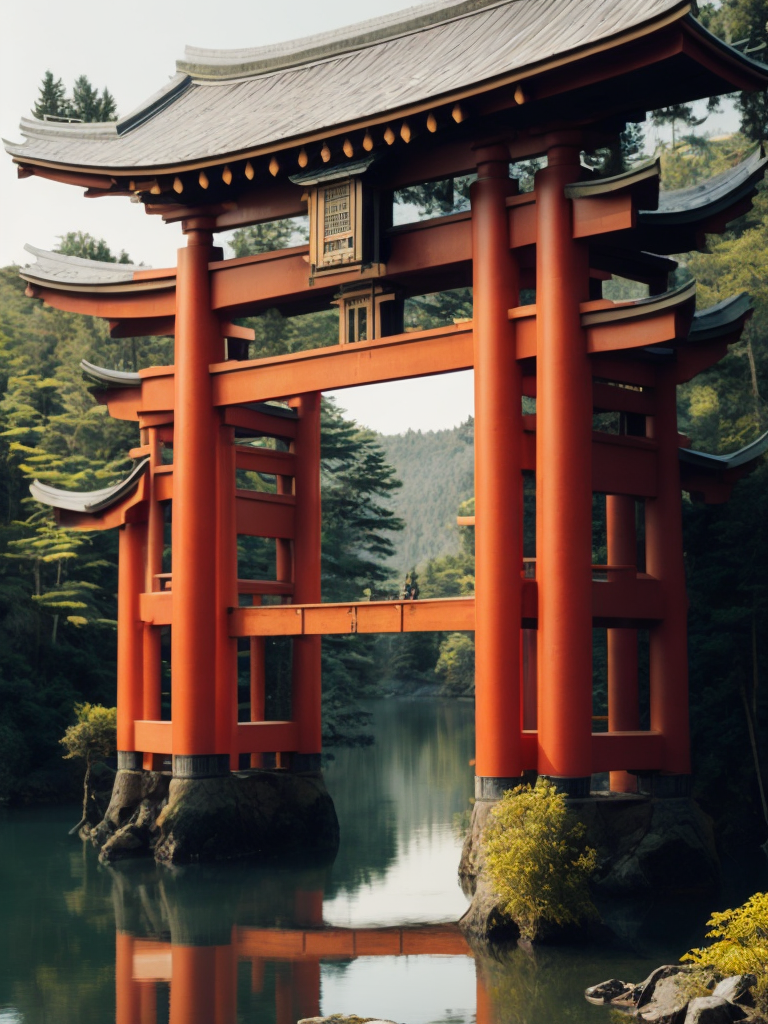 Red torii gate in middle of a lake, Dense forest on the edge of the lake, Bright and saturated colors, Japanese culture, photorealistic, contrast light