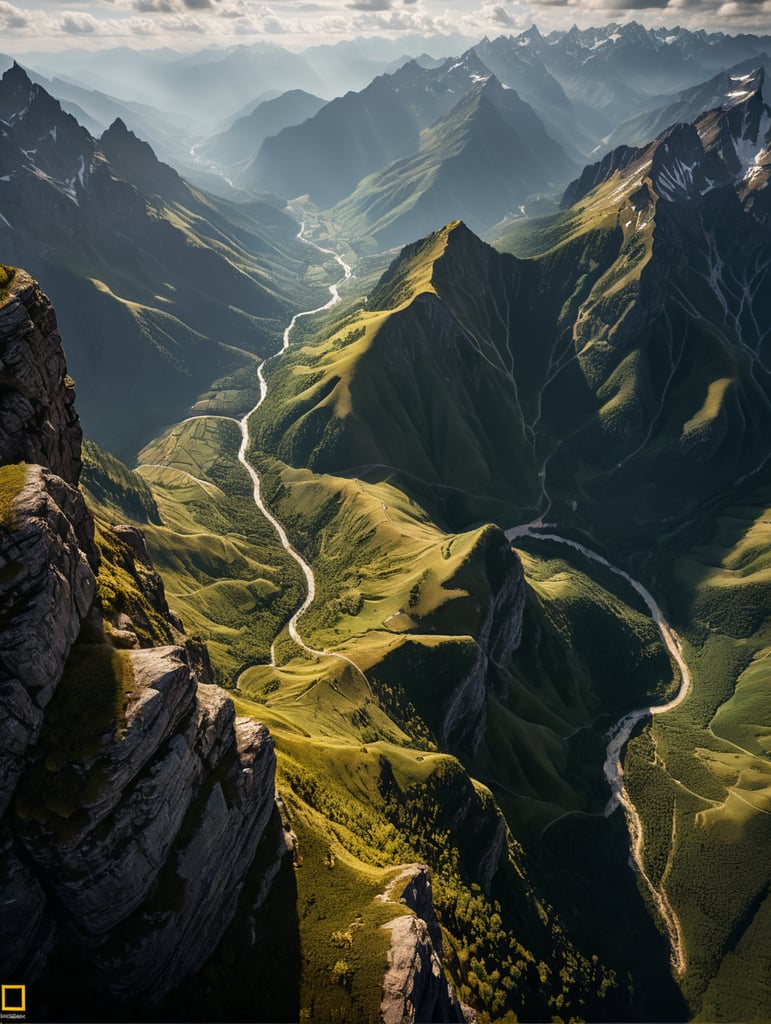1st person view, sublime landscape: a view from high mountains, down to very steep valleys and into great depth, 3D, national geographic professional photography ultra HD style