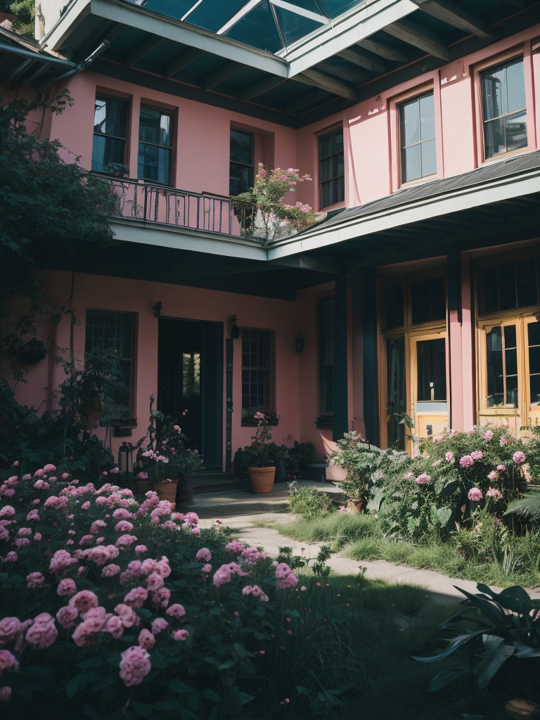 Architectural photo of a maximalist pink solar green house interior with lots of flowers and plants, golden light, hyperrealistic surrealism, award winning masterpiece with incredible details, epic stunning pink surrounding and round corners, big windows, art space, green house walls and celling