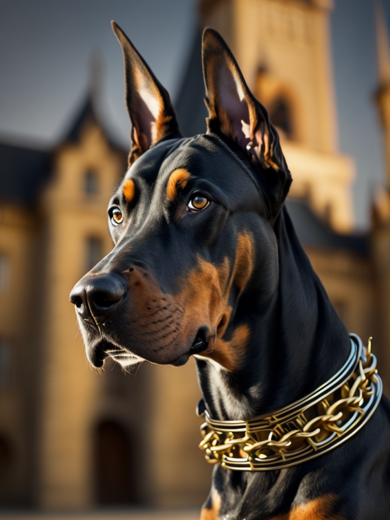 Doberman dog, golden chain, aggresive look, in front of a castle, dramatic Lighting, Depth of field, Incredibly high detailed, deep colors