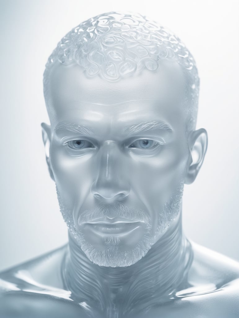 Portrait of a Translucent man made from the ice, organs are visible through the ice