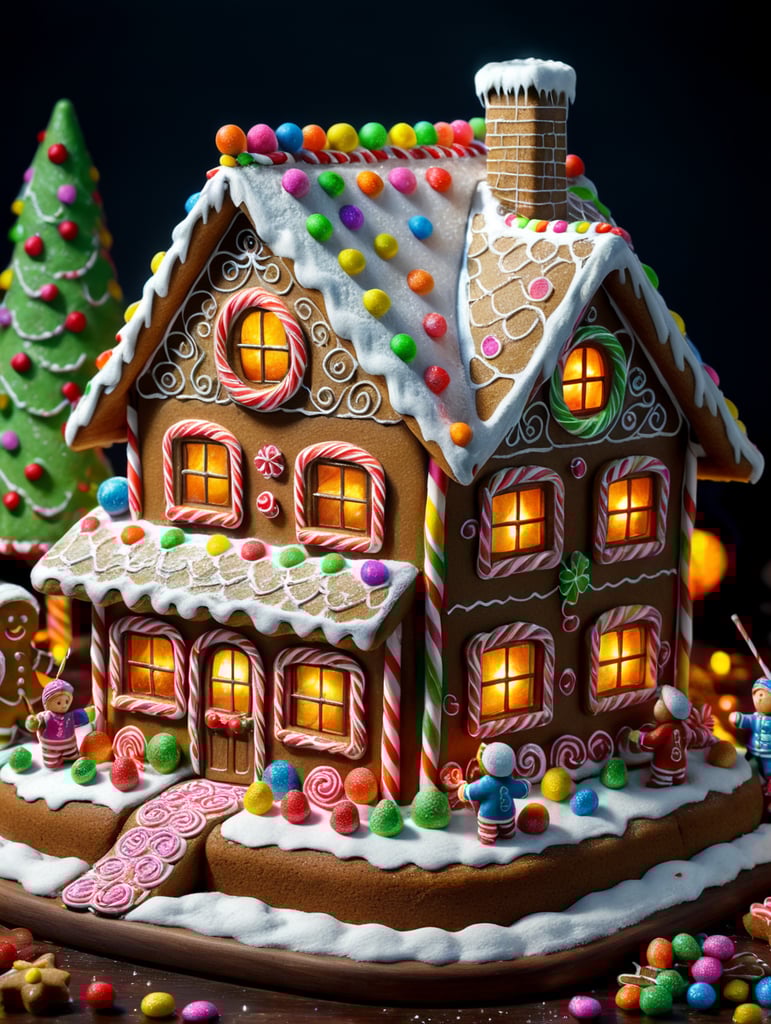 Pencil Drawing of Children Decorating Gingerbread Houses: A heartwarming scene of kids joyfully decorating gingerbread houses with colorful candies.