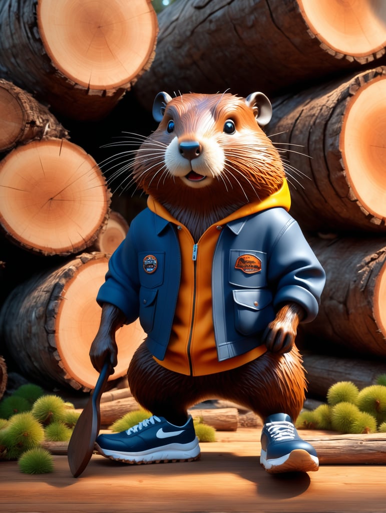 Extremely realistic beaver. in work clothes. in sneakers. against the background of sawn logs. volumetric lighting, maximalist photo illustrations, 8k concept art, meticulously detailed, complex, expansive, fantastical.