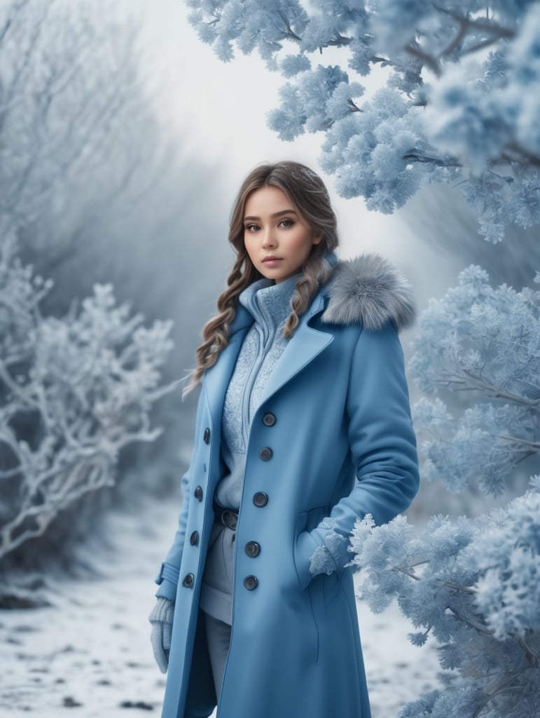 realistic real 8K, 3D, winter background beautiful girl in blue winter coat frozen flowers and hoarfrost branches