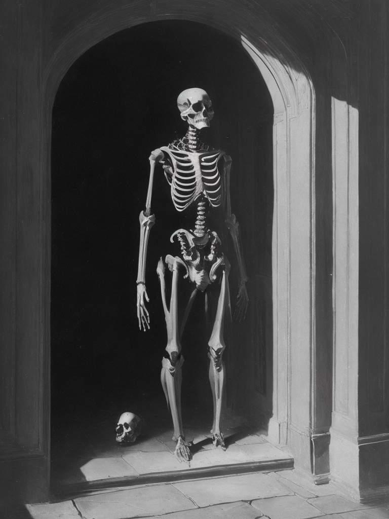 black and white painting of a skeleton standing in a doorway with a skull on it's head by Gustave Dor