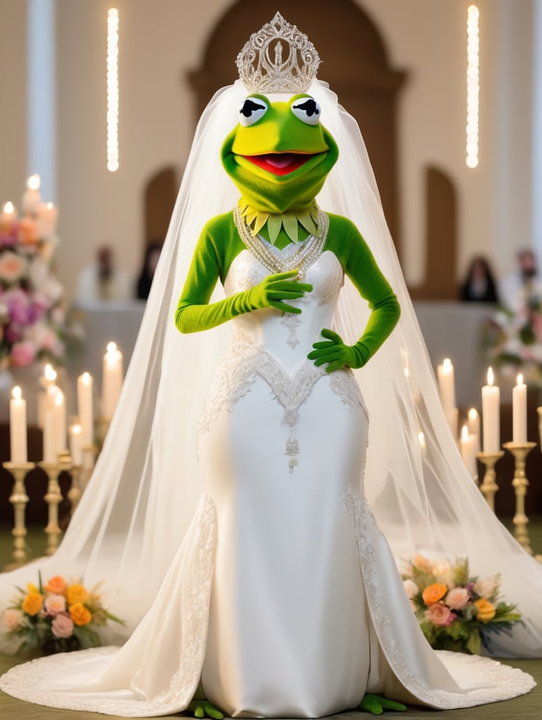 A frog that looks like Cher standing at the altar in a wedding dress . Kermit the Frog DRESSED IN DRAG AS CHER