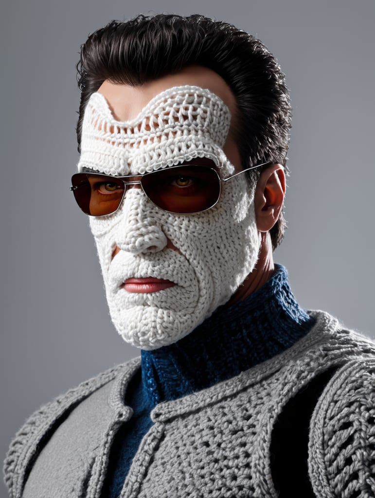 a terminator t-800 wearing very hirsute crocheted sweaters for sheeple, portrait