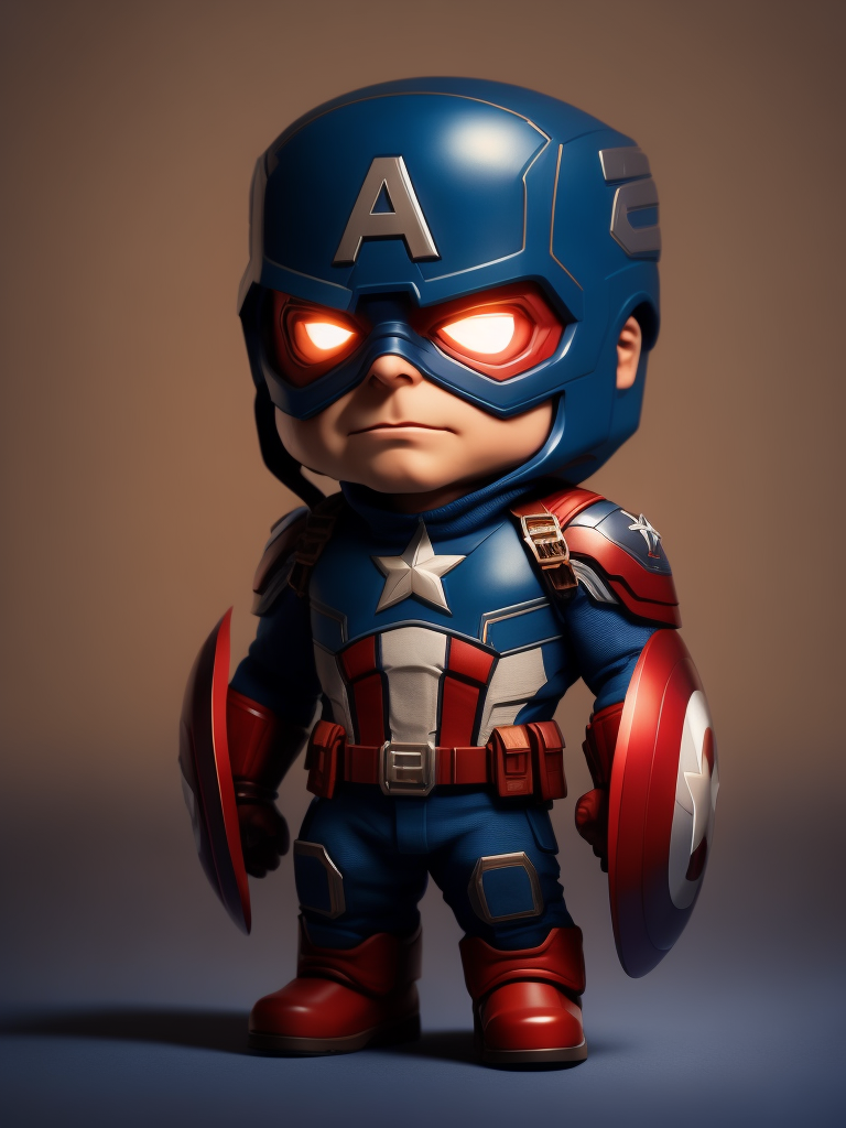 Hyperrealistic Captain America in Chibi Art style. Cute, Isometric view, 4k, Colourful, Cinematic, zoomed out, full body shot, big head, Neutral Neon Background.