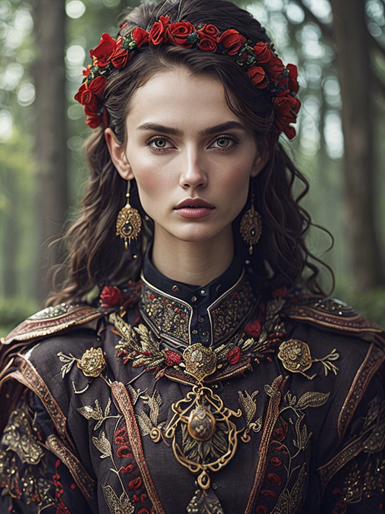 Portrait of a Beautiful women from Russian fairytale wearing traditional costume around bunches of rowan