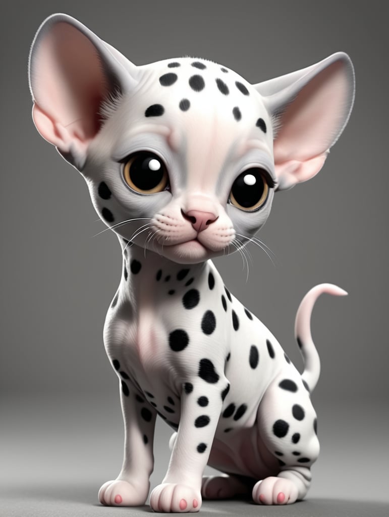 cute, hybrid Sphynx x dalmatian, full view, chibi style, disney style, cartoon style, pixar style, gray background, spotted