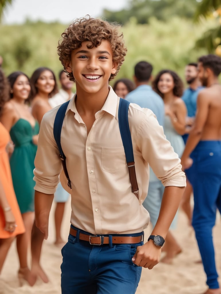 1 HD photoshoot of a teenage boy. His tan complexion contrasts with his short curly brown hair, and his eyes sparkle with enthusiasm. full body frame. Dancing in the party