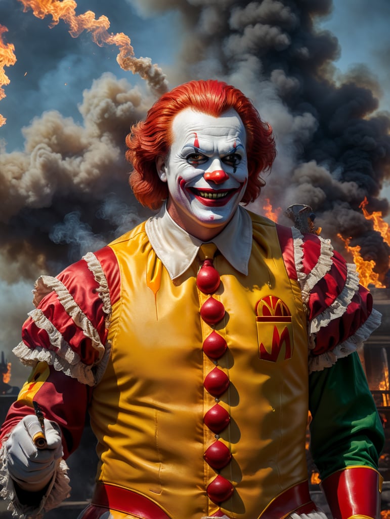 Ronald McDonald with a face of a Joker, smiling creepily smoke and fire behind his back