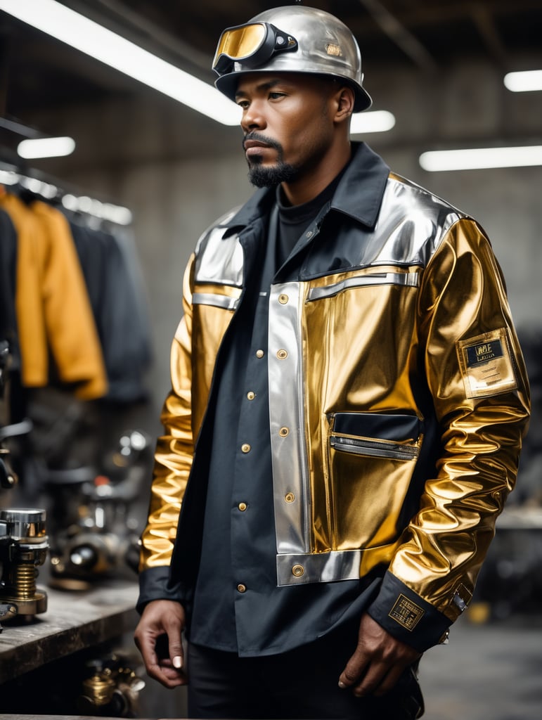a Welder Jacket, futurist, mechanic, gold, silver, shot on leica, fashion portrait, by kith