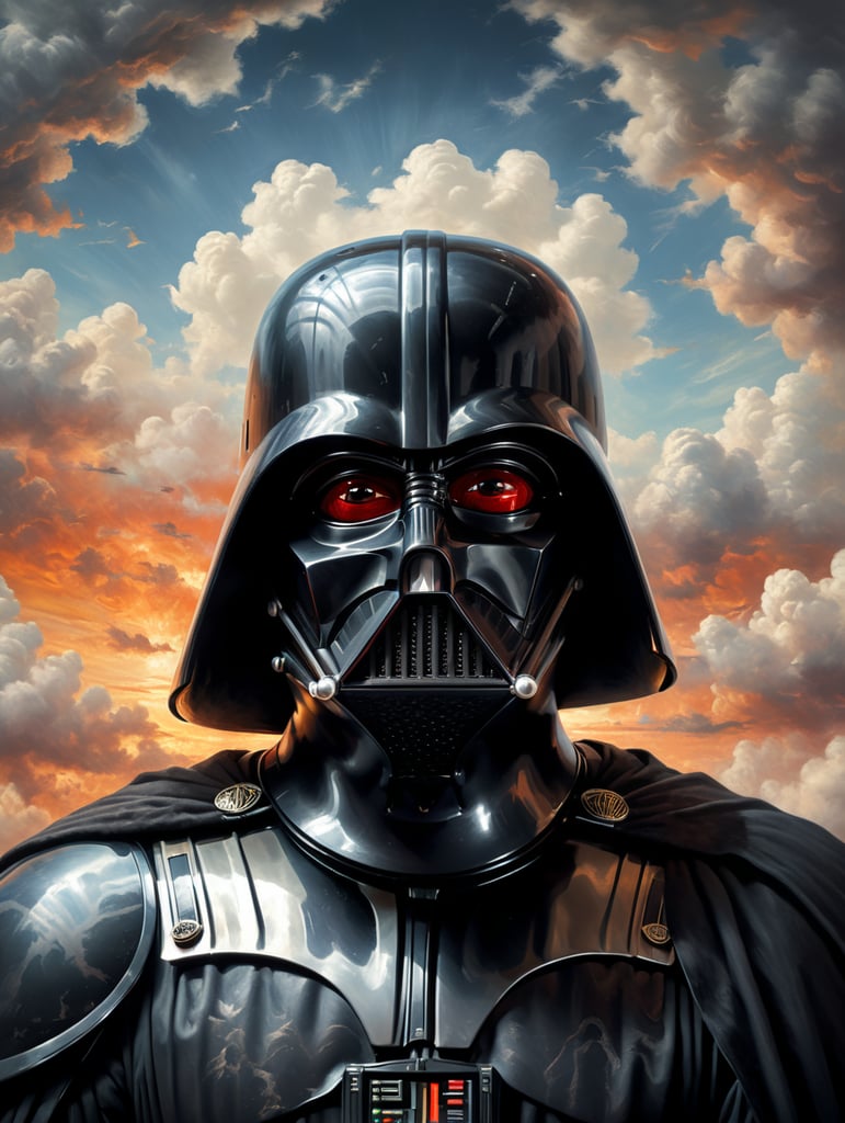 darth vader, vintage, grain, rene magritte painting style, cloud backgrounds, high quality