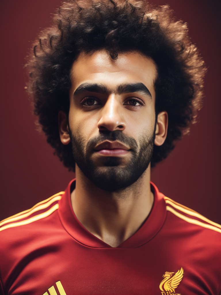 Mohamed Salah portrait in a red Liverpool football uniform, bright and saturated colors, highly detailed, fashion magazine, sharp focus, Dramatic Lighting, Depth of field, Incredibly high detailed, blurred background