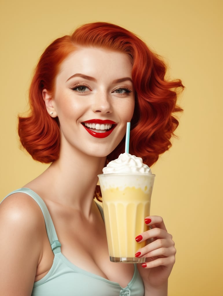 positive-red-haired-girl-drinking-milkshake-studio-shot-blithesome-pinup-lady-isoldated-yellow-space