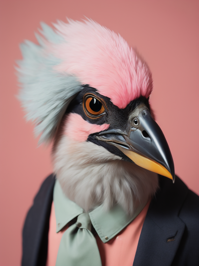 photo portrait, a bird with a colorful head and a tie on a pink background with a pink background and a pink background with a pink wall and blue background , Annabel Kidston, professional photo, a character portrait, kitsch movement, pastel colors