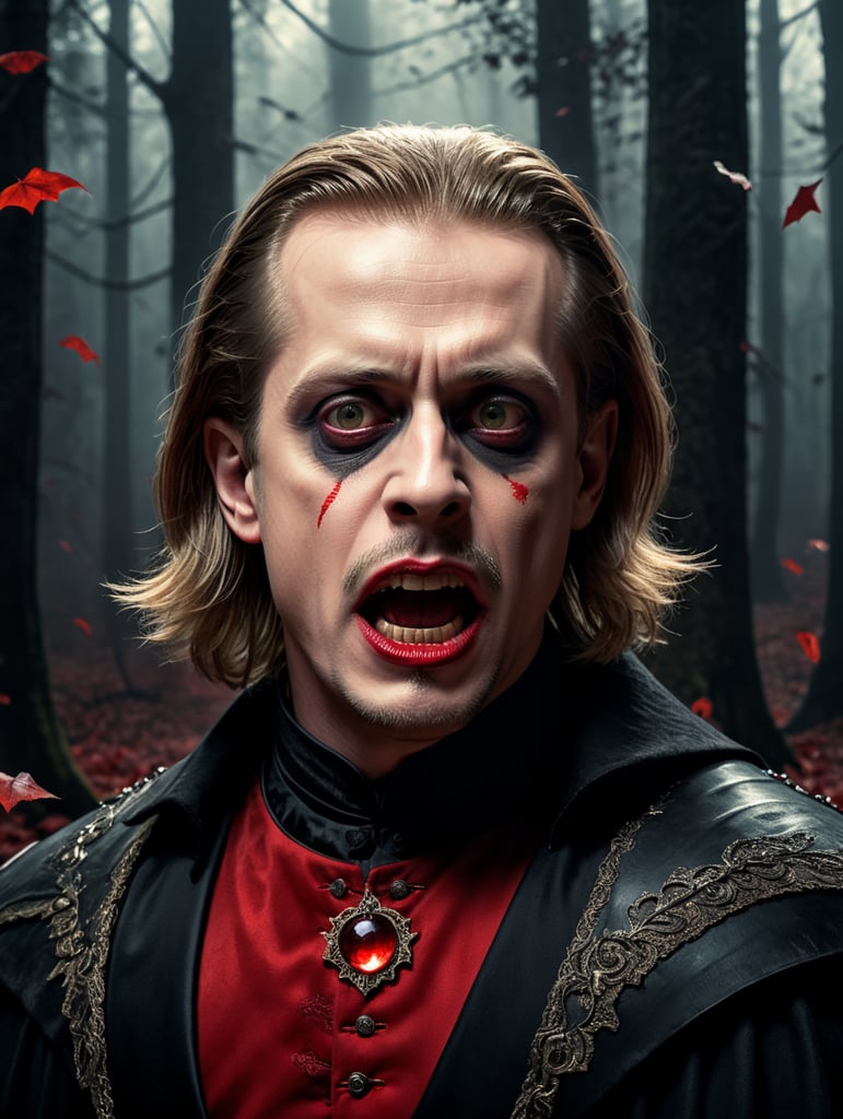 Macaulay Culkin in a Dracula Halloween costume, scary face makeup, dark atmosphere, vintage style, red and black colors, high detail photo, professional photo shot, against the backdrop of an old creepy dark forest, contrasting light, bright colors, dark atmosphere