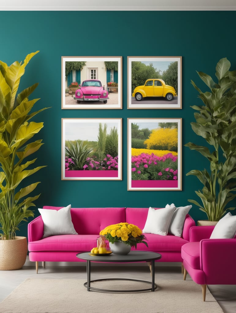 Mockup for two frames of 24x36 in. posters, hanging on a wall painted dark teal color, in a french modern country style livingroom, hot pink sofa and yellow pillows, many plants and flowers, bright livingroom