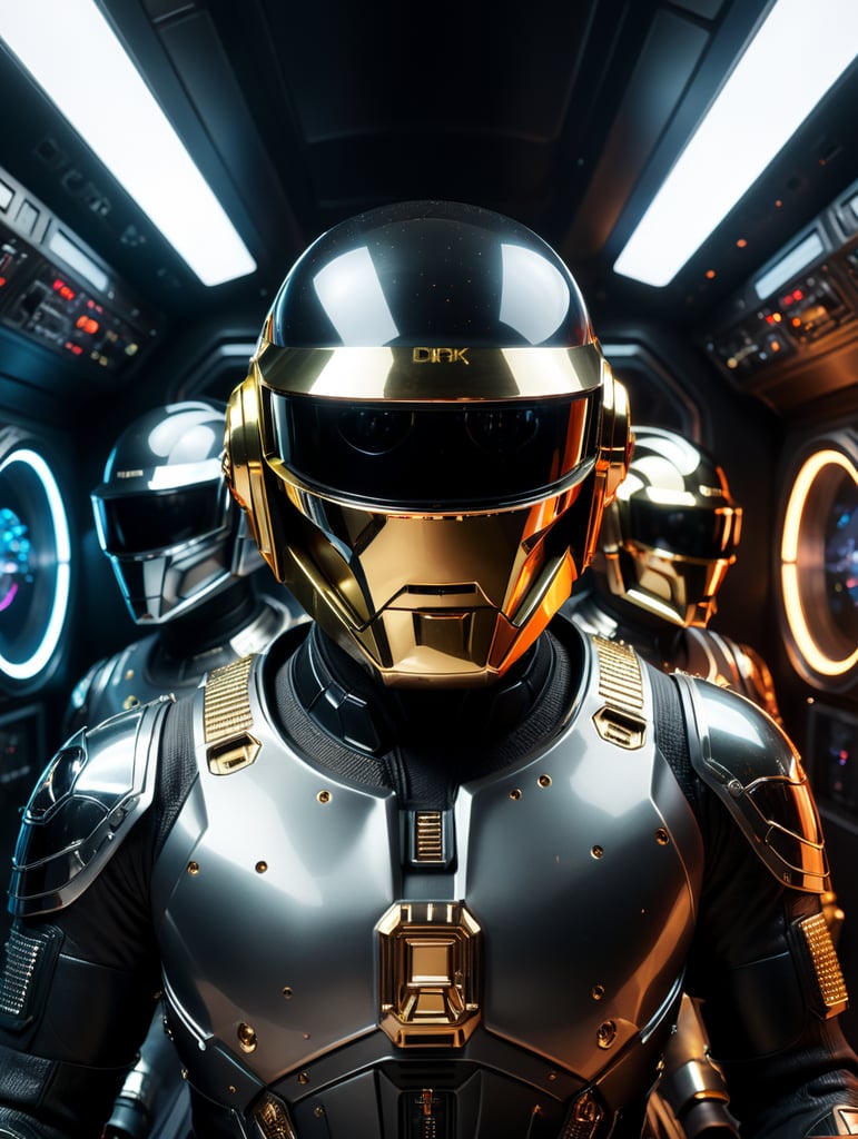 close up of daft punk plays in a spaceship, interior design, cinematography, photography, volumetric, symmetrical, ultra wide angle, depth of field, highly detailed, ultra realistic, 16k,