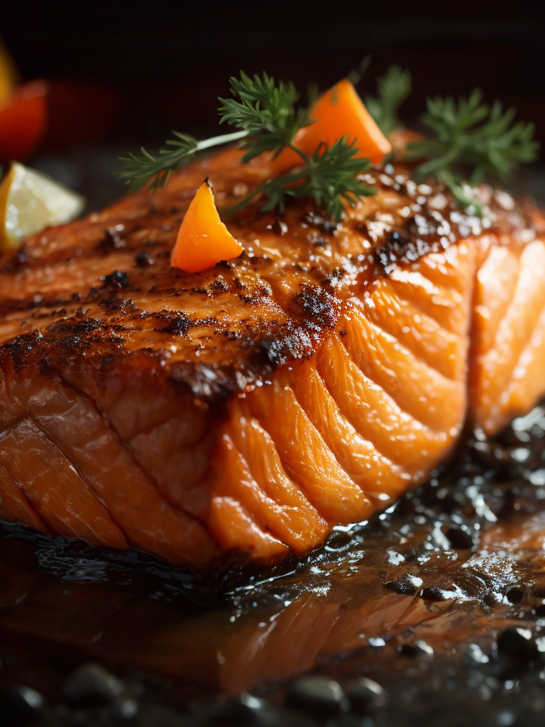 macro photography of a grilled salmon