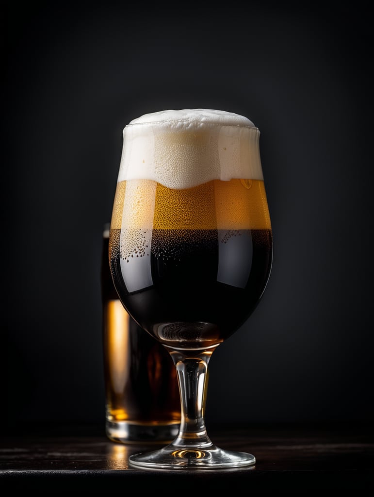 professional photo of a black beer glass, Beer foam coming out of a glass, isolated, black background