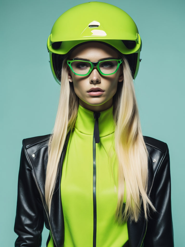 a female supermodel 24 years old wearing a neon green helmet dressed in athletic clothing and glasses, in the style of futuristic glam, retro futurism, neon green clothing, glasses without color, clear glass, long blond hair, blonde girl, teal background, mike campau, anton fadeev, high gloss, mono-ha