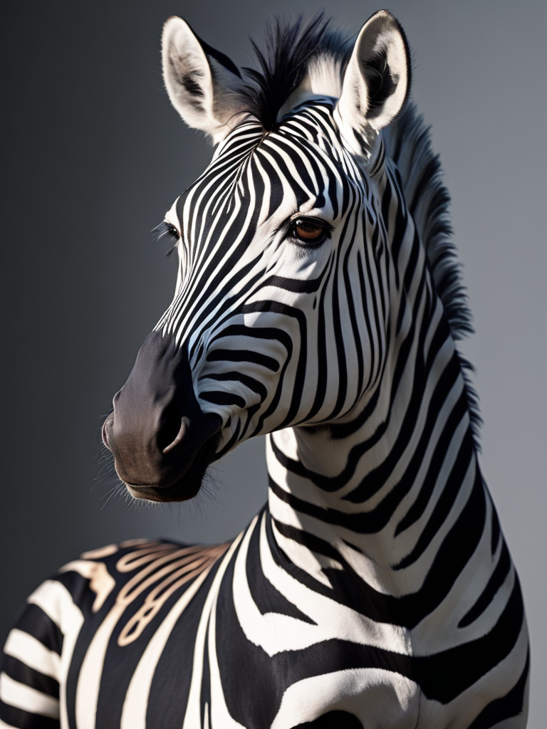 a realistic zebra, shoulders up, smartly dressed with colourful animal print