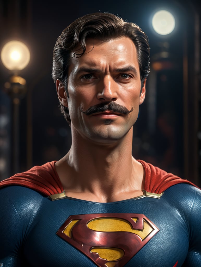 portrait, superman with Mario bros clothes and mustache